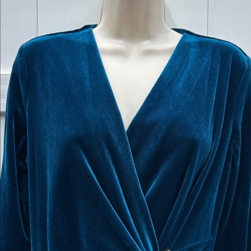 Calvin Klein Velvet V-Neck Dress Gold V-Bar Side Ruching Aquamarine Blue | Sz 8 - Picture 5 of 14